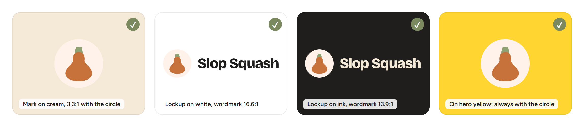 Approved backgrounds: the mark passes WCAG 1.4.11 (3:1) with its circle; the wordmark passes 4.5:1