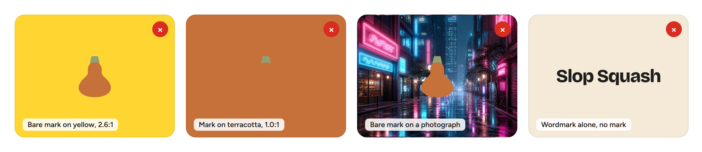 Avoid: bare mark on yellow, terracotta, or photographs; wordmark alone